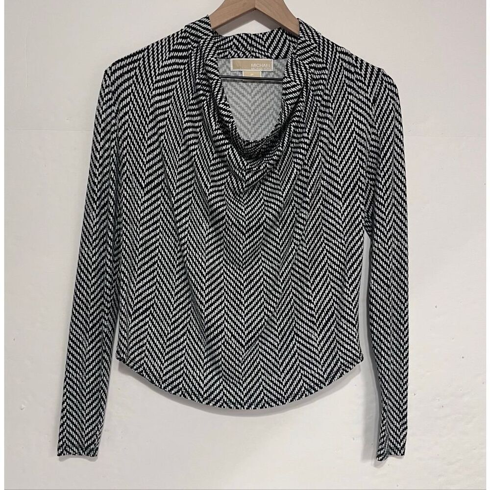 MICHAEL Michael Kors Black And White Herringbone Long Sleeve Top   Size